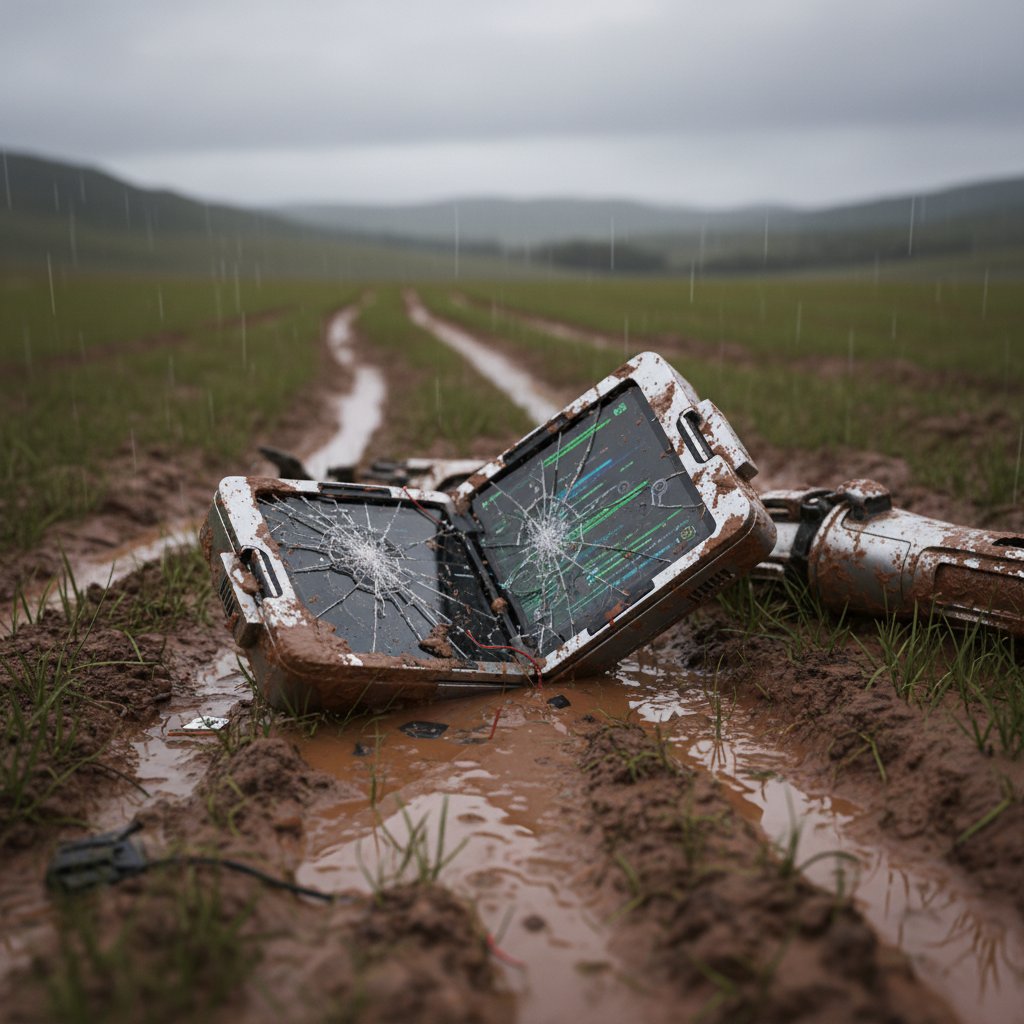 Broken adventure gadget after field failure in muddy outdoor conditions