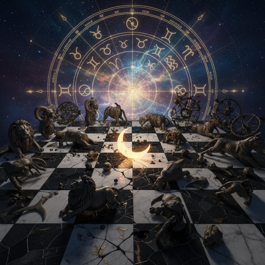 Rozbite figurki zodiaku na szachownicy – zdjęcie symboliczne