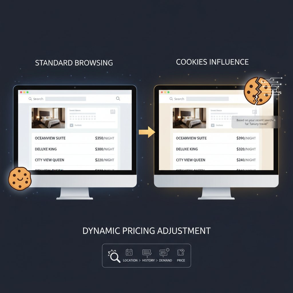 Close-up of browser cookies and code overlays, illustrating how browser data affects hotel prices, find affordable hotels fast