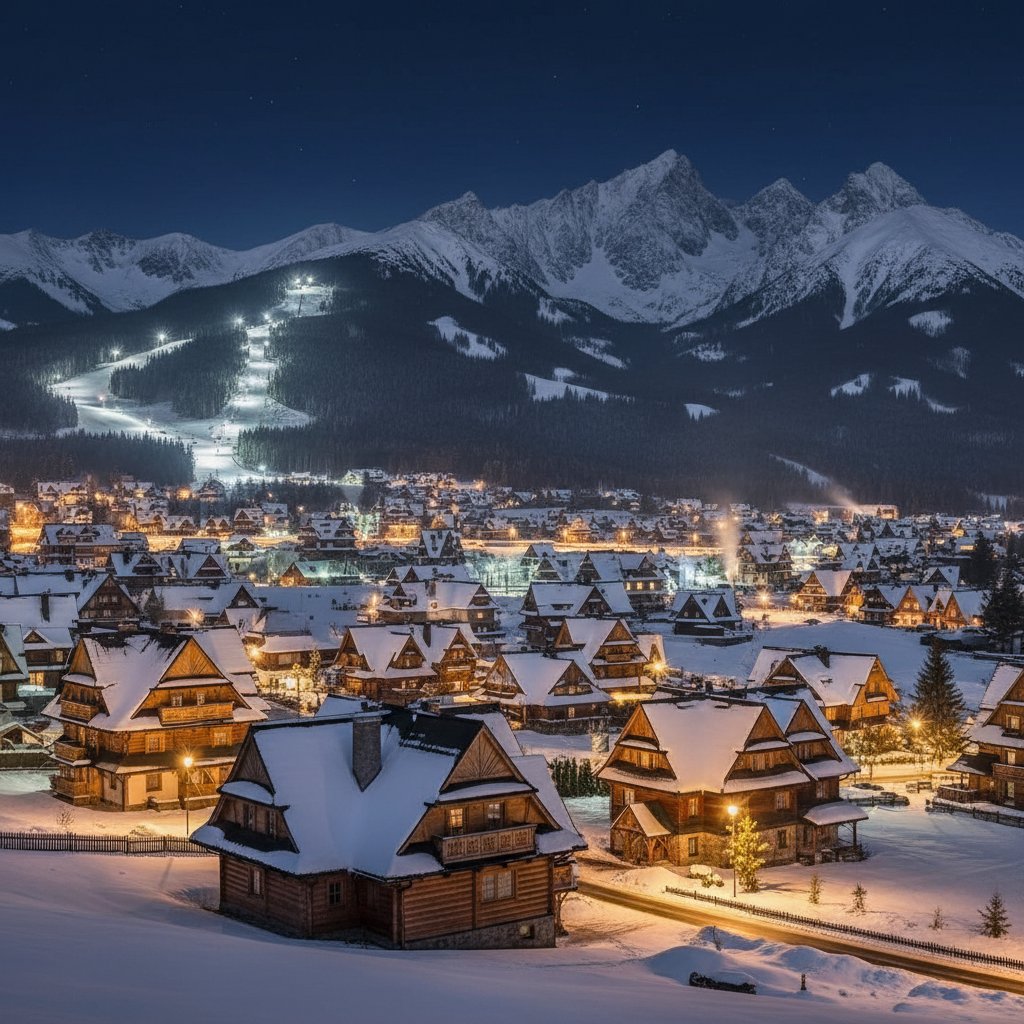 Panorama Bukowiny Tatrzańskiej, wieczorne światła, góralskie domy, Tatry w tle