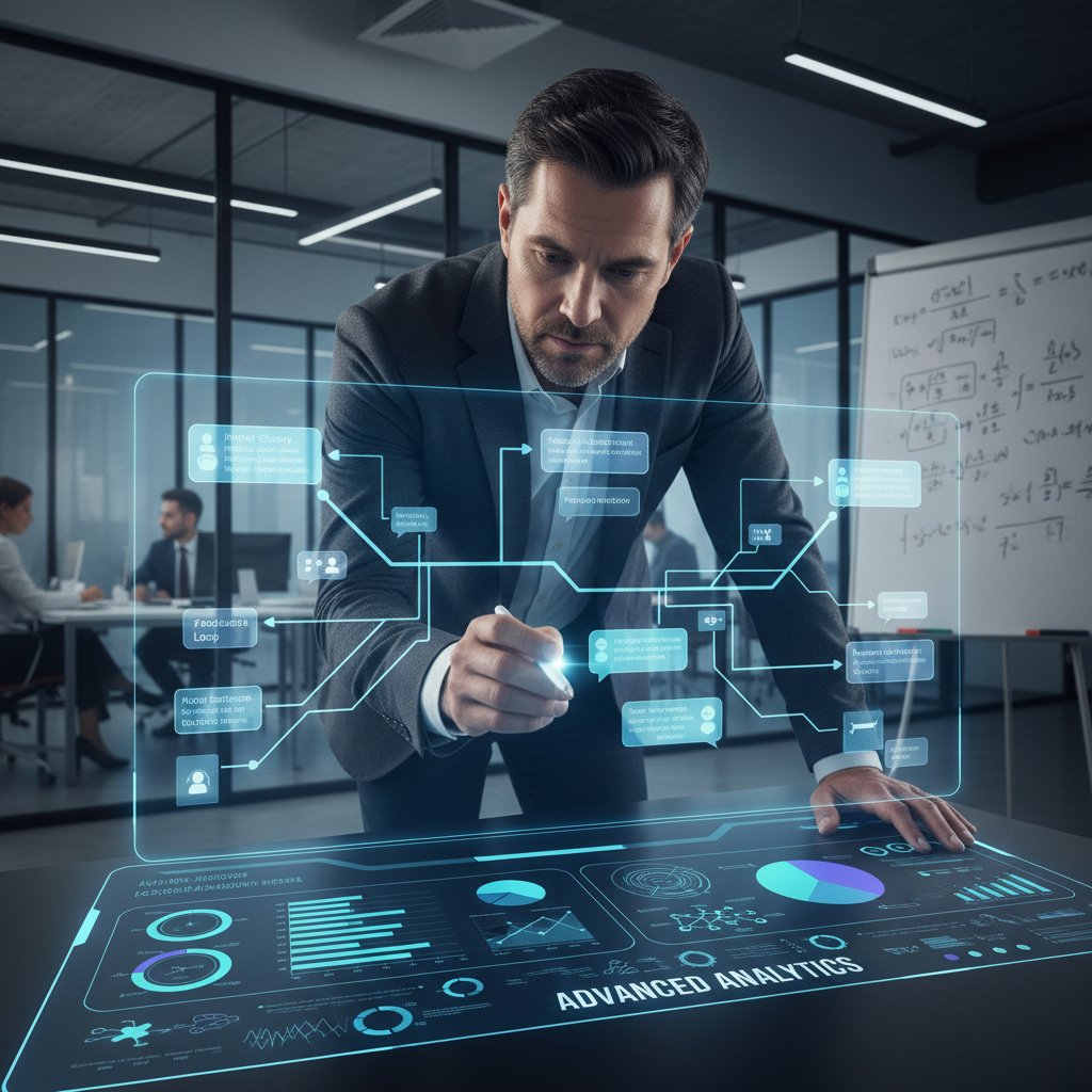 Business analyst reviewing chatbot user journey on screen, representing advanced analytics