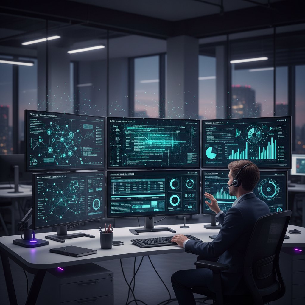 Business analyst surrounded by screens and data, representing automated report writing pipelines and real-time processing