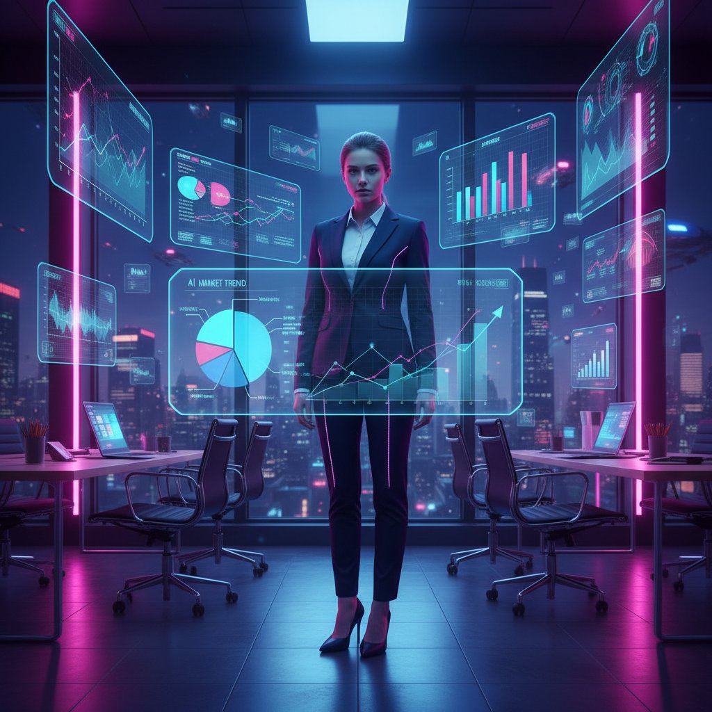 Analityk biznesowy analizujący dane w neonowym biurze, otoczony hologramami wykresów
