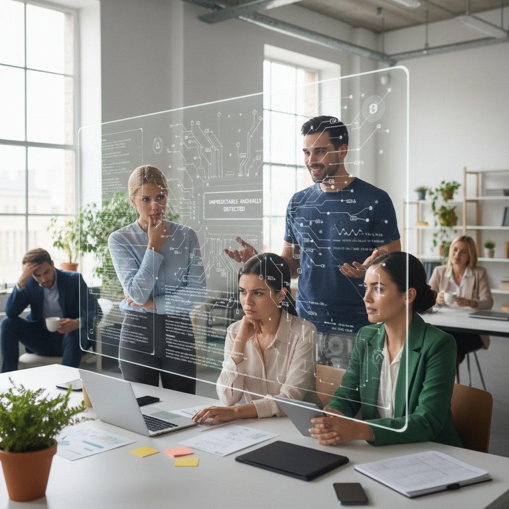 Photo of a team analyzing business data on screens, some relieved, some confused—highlighting AI's promise and pitfalls