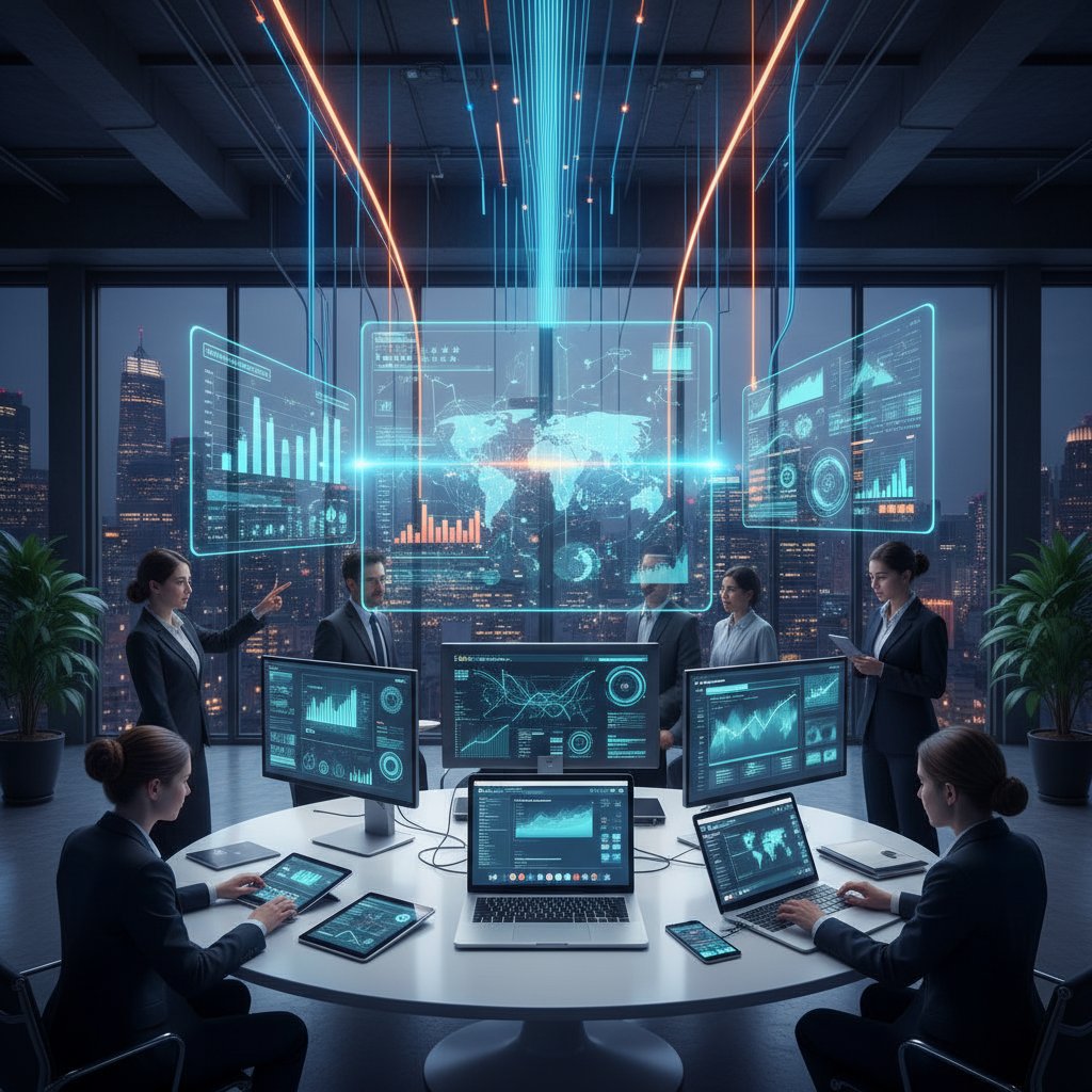 Modern office scene showing various devices, documents, and people interacting with data sources, reflecting data complexity