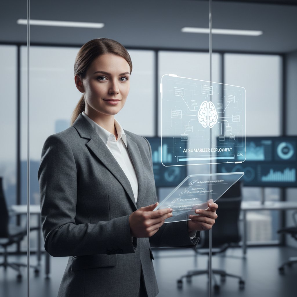 Checklist on digital tablet, business executive reviewing requirements before deploying AI summarizer