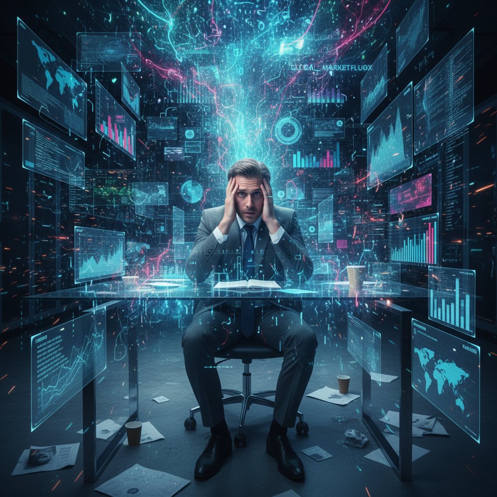Business executive overwhelmed by digital documents and AI data visualizations at night, symbolizing information overload and critical decision-making