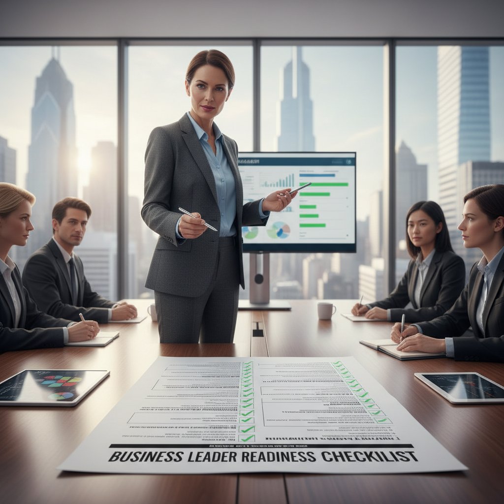 Business leader reviewing readiness checklist, digital screens displaying document structures