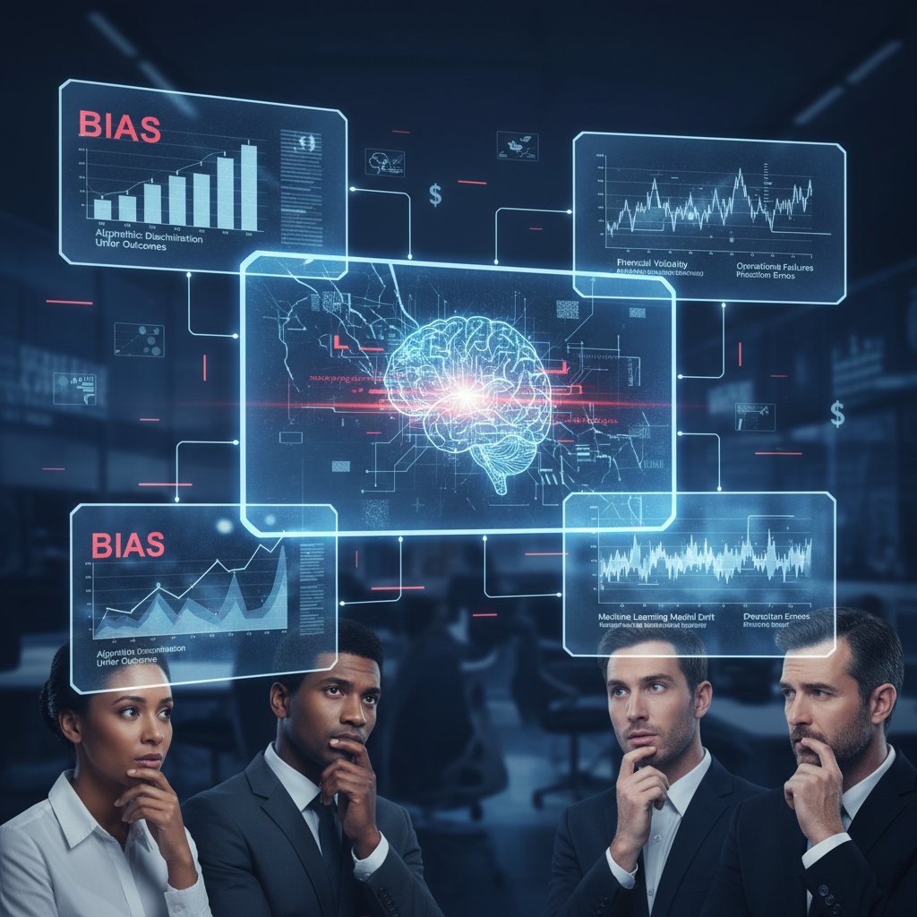 Business risk from machine learning errors and bias, business leader in shadow, screens flickering error messages