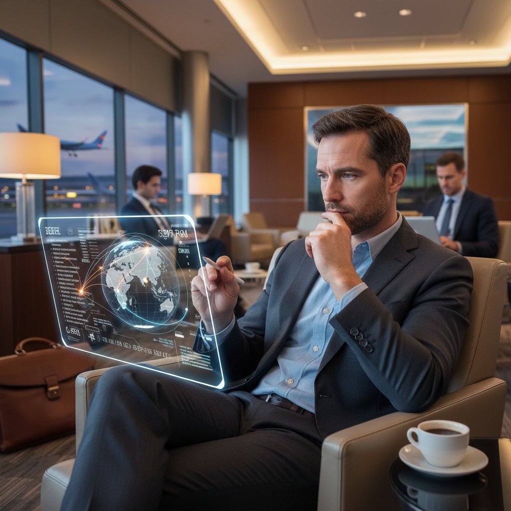 Business traveler analyzing flight data: professional in airport lounge with laptop, airfare analytics tools