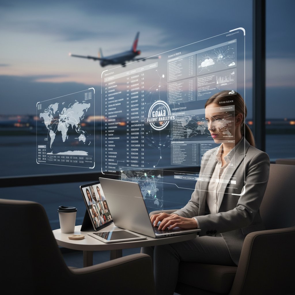 Business traveler working efficiently while monitoring multiple flight data streams