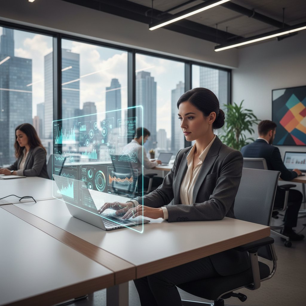 Osoba korzystająca z dashboardu pracownik.ai w nowoczesnym biurze