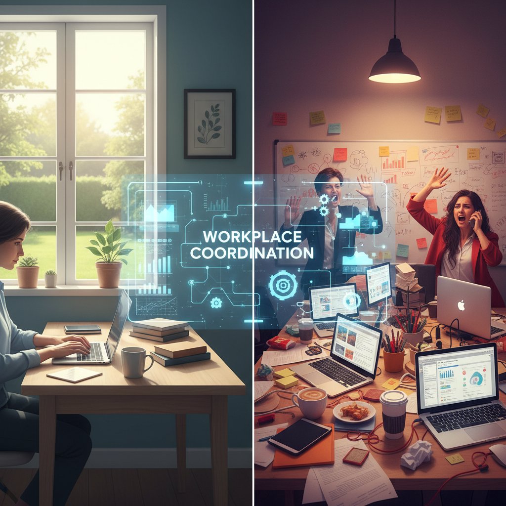 Calm organized workspace contrasted with chaotic one, symbolizing mental health and workplace coordination
