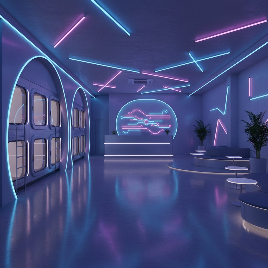 A staffless capsule hotel in Tokyo with ambient neon lighting