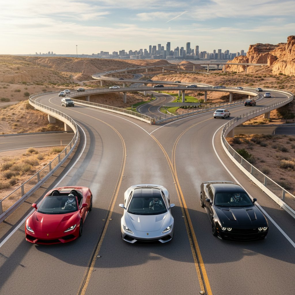 Collage of diverse cars driving on different roads, side-by-side comparison