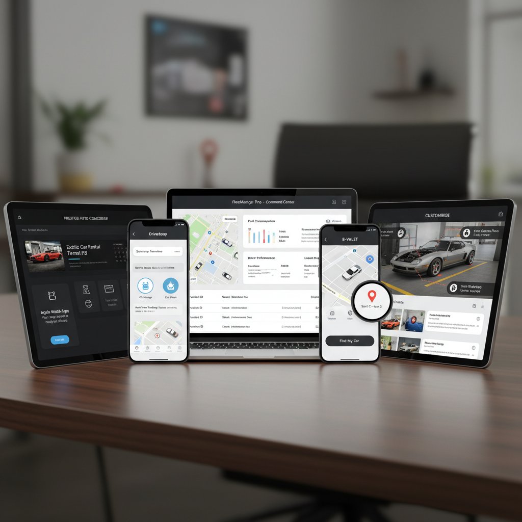 Car concierge service comparison, grid of app interfaces on digital devices
