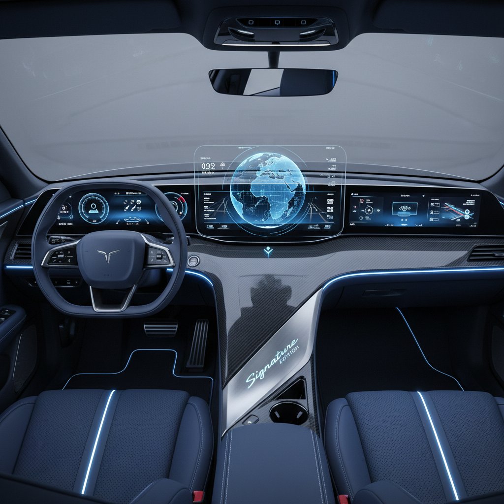 Signature edition dashboard technology. Photo of a modern car dashboard with advanced digital controls and signature badging