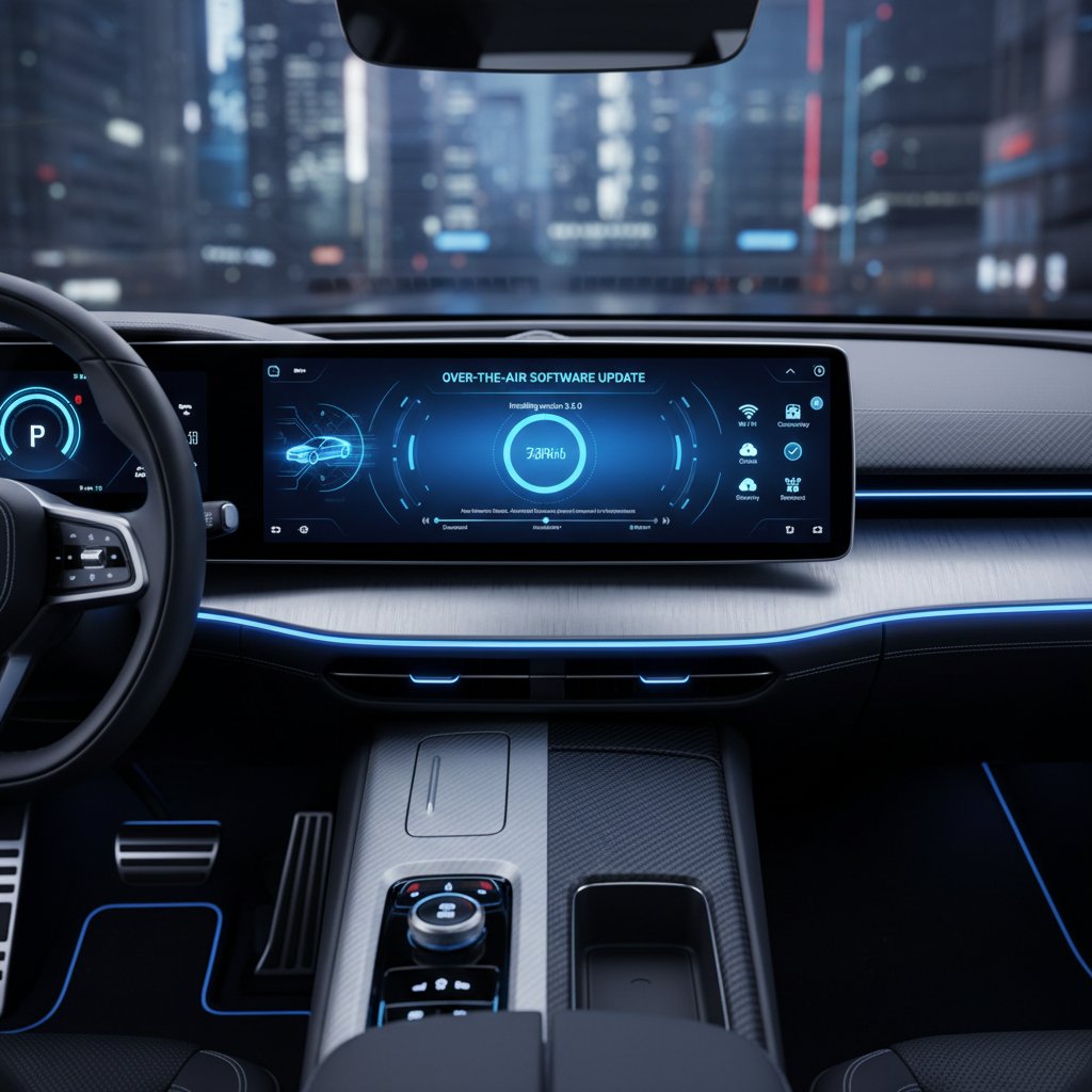 Close-up of car dashboard screen showing OTA update in progress
