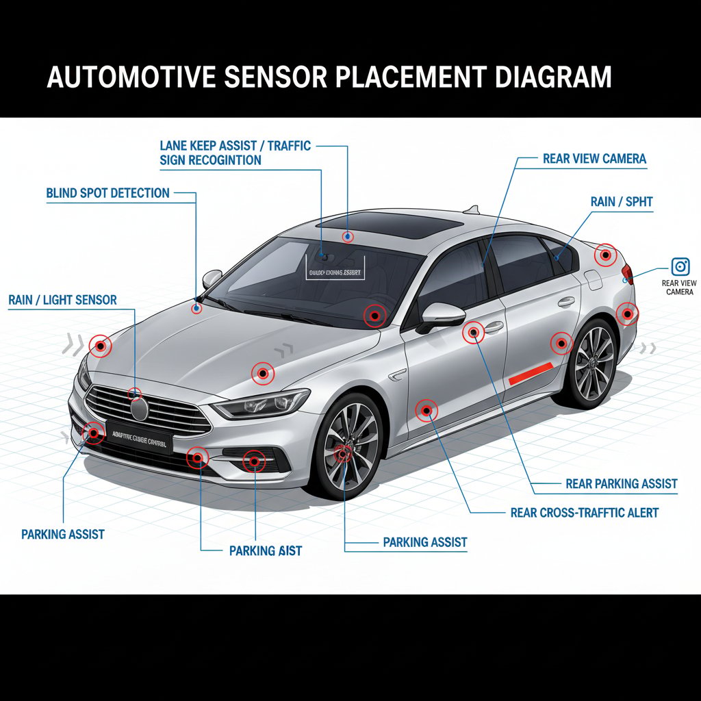 Diagram of car exterior sensor locations with highlighted cameras and radar in mirrors and bumpers
