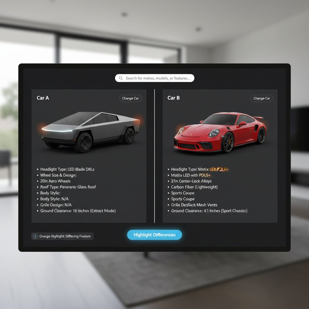 Online car exterior feature comparison tool interface showing side-by-side vehicle options
