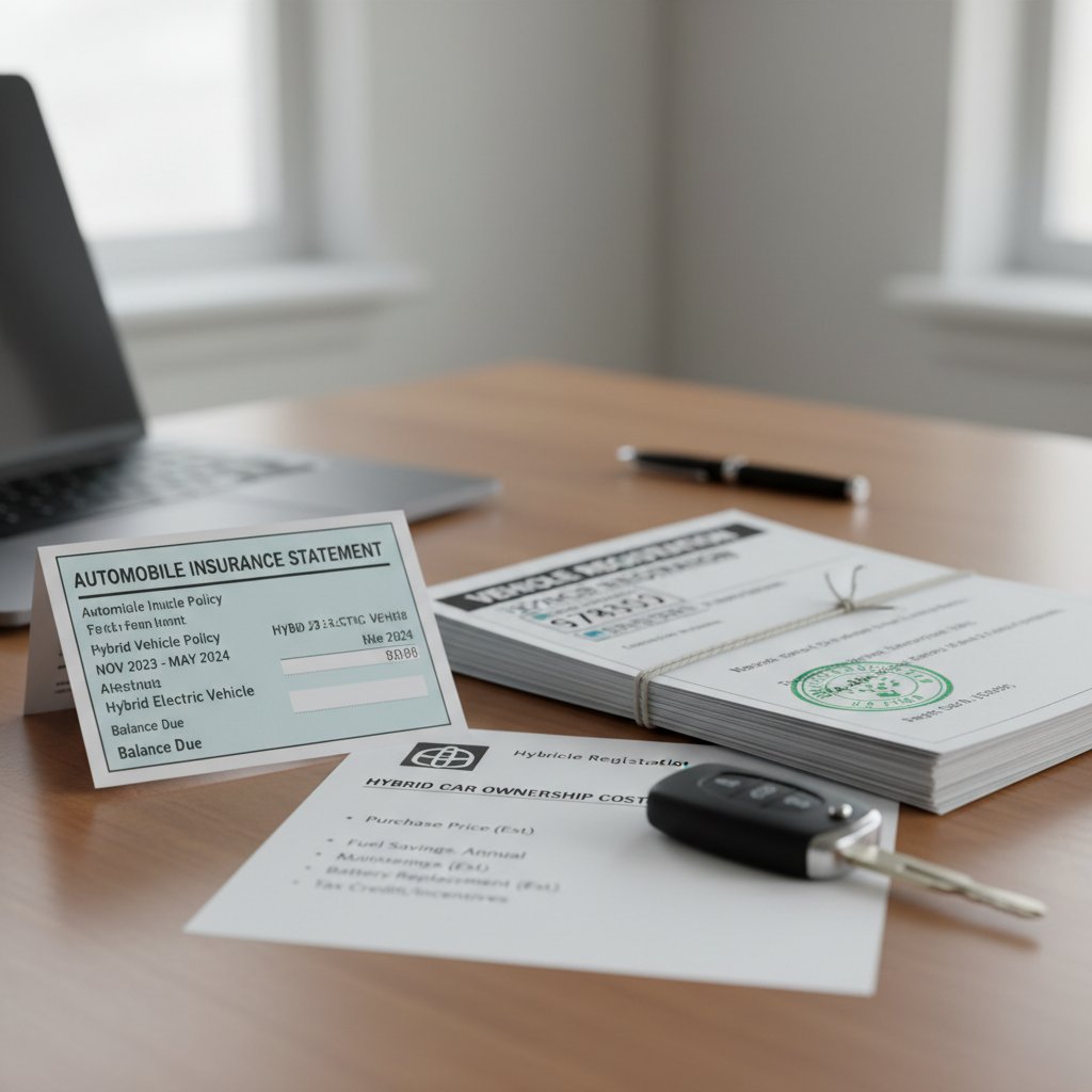 Close-up of car insurance bill and hybrid registration paperwork, hybrid car costs