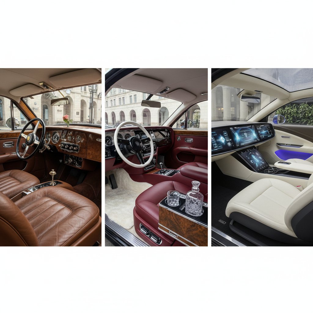 Collage of evolving car interiors from wood benches to luxury seats