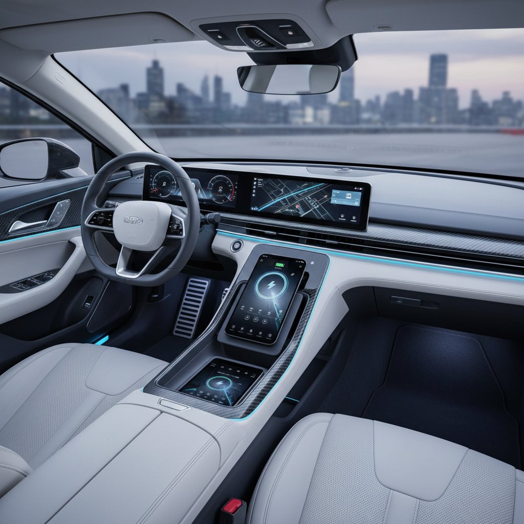 Modern car interior with wireless charging pad and a visible smartphone charging wirelessly