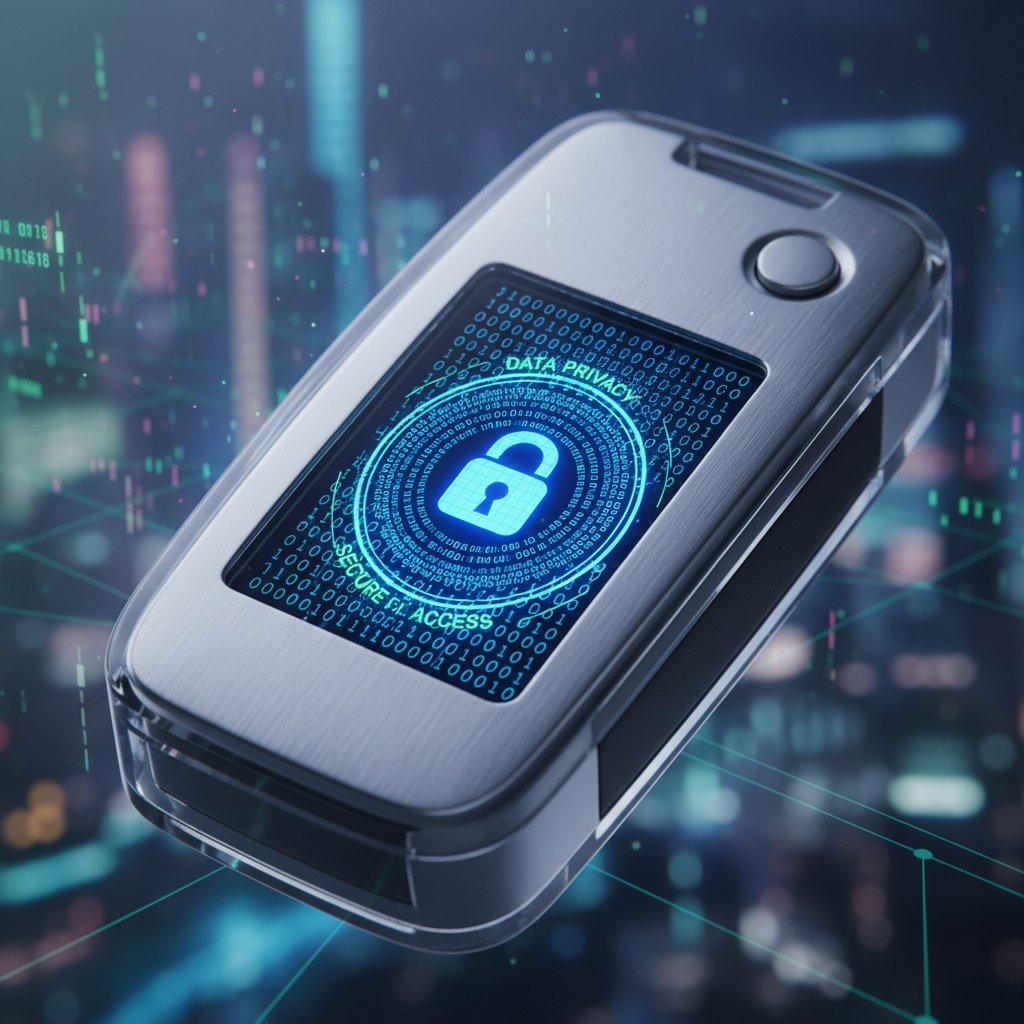 Car key in digital lock obscured by binary code, illustrating data privacy risks with car shopping apps