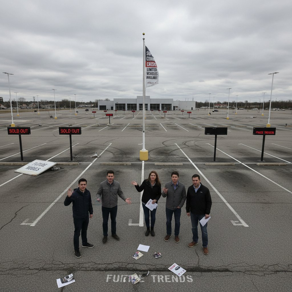 Empty car dealership lot, supply chain shortage, anxious buyers, car price trends 2025
