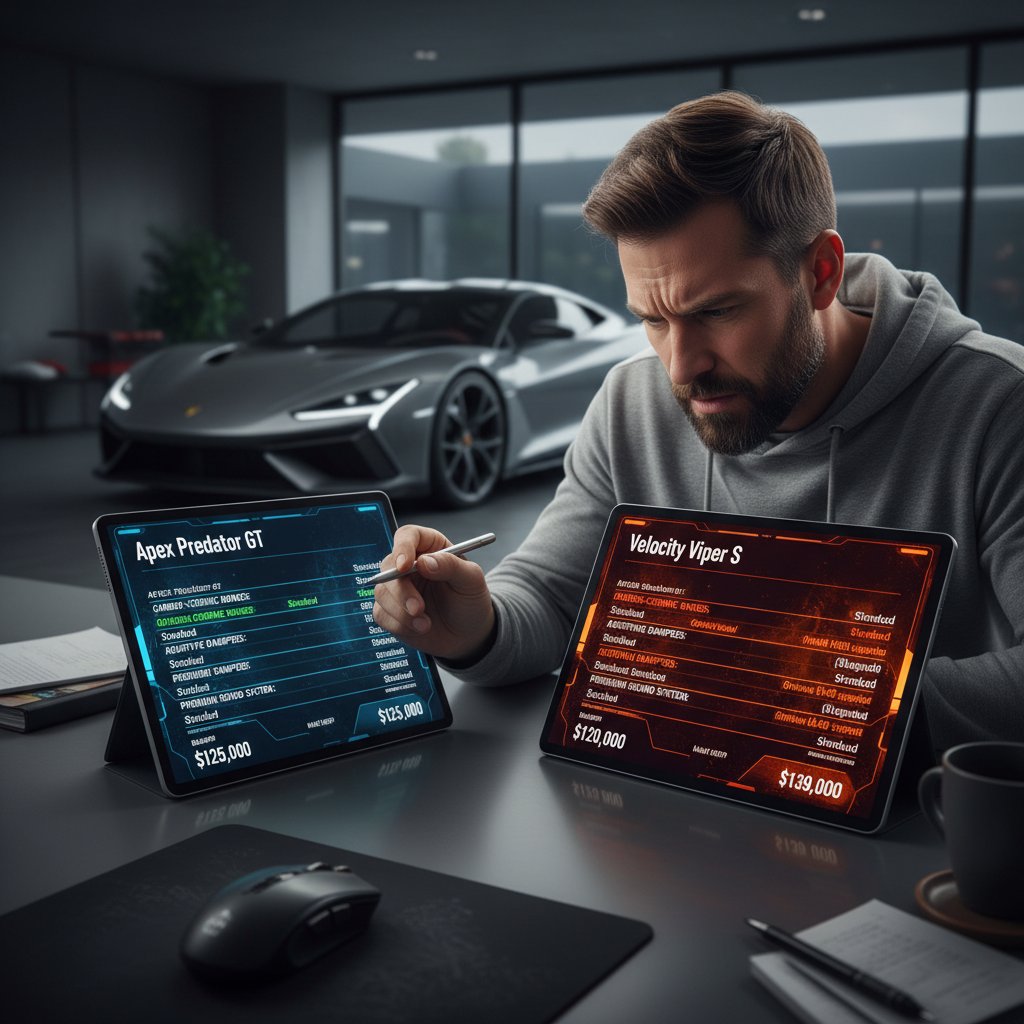Close-up of a person frustrated by overwhelming car spec sheets, holding a paper full of numbers