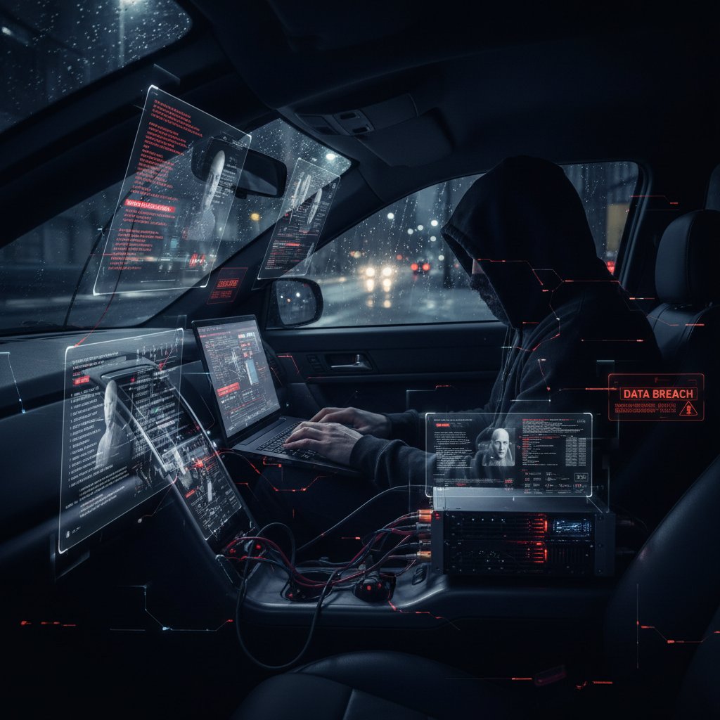 Car surrounded by digital code streams, symbolizing car technology data privacy risks