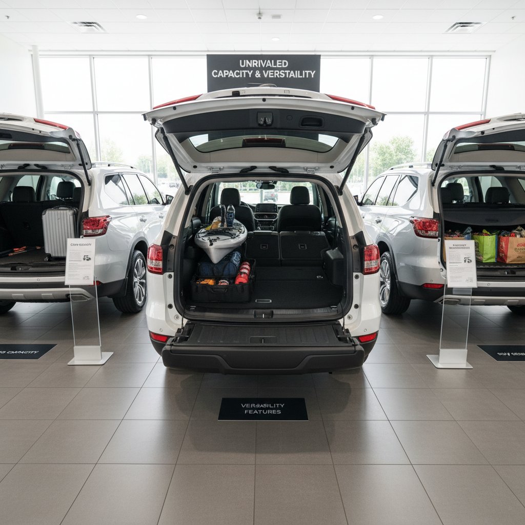 Photo showing side-by-side comparison of SUV cargo floor capacity with seats up and down
