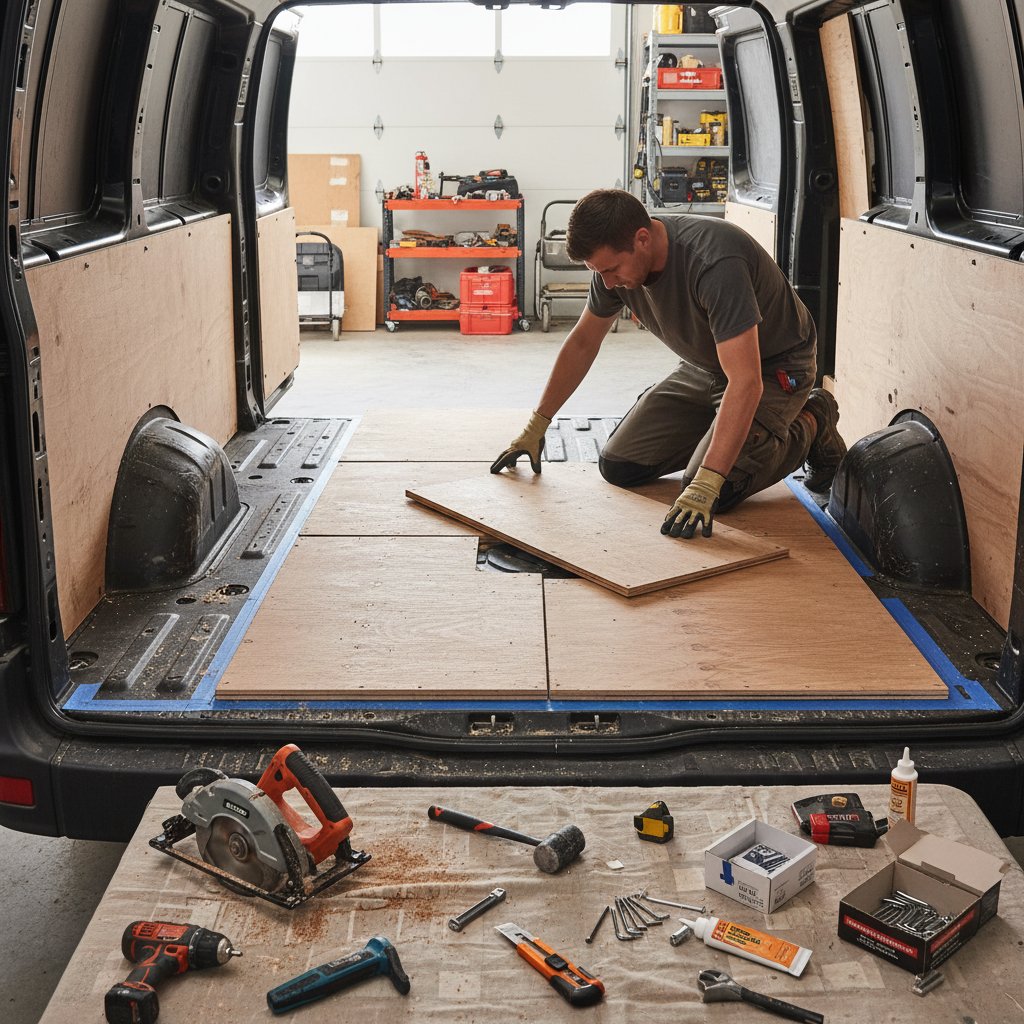 Person installing new modular cargo floor in SUV trunk, tools and packaging visible