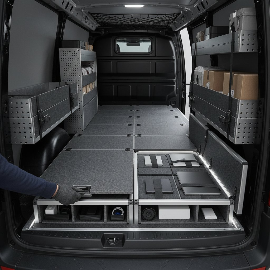 Courier unlocking hidden compartment in cargo van floor, showcasing smart storage