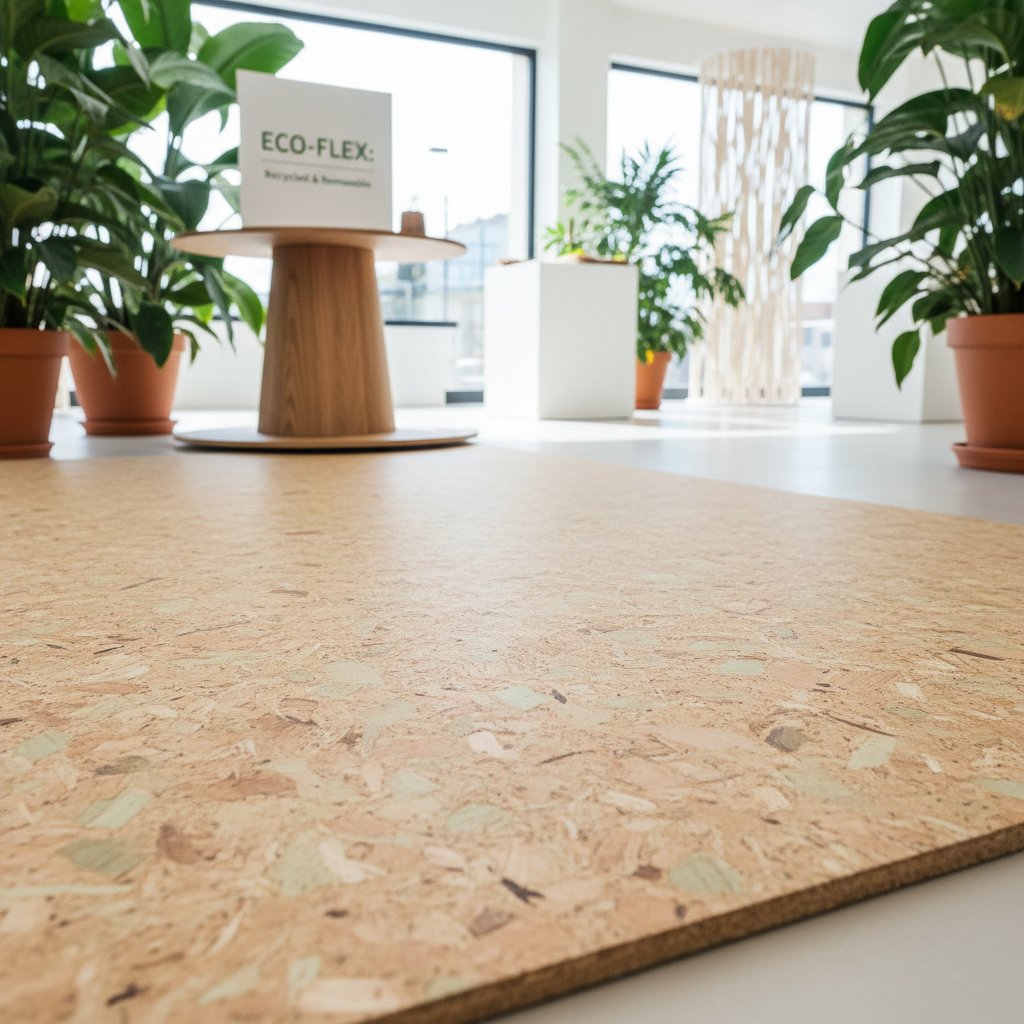 Photo of different cargo floor material samples in a showroom, with tags showing durability, eco, and price