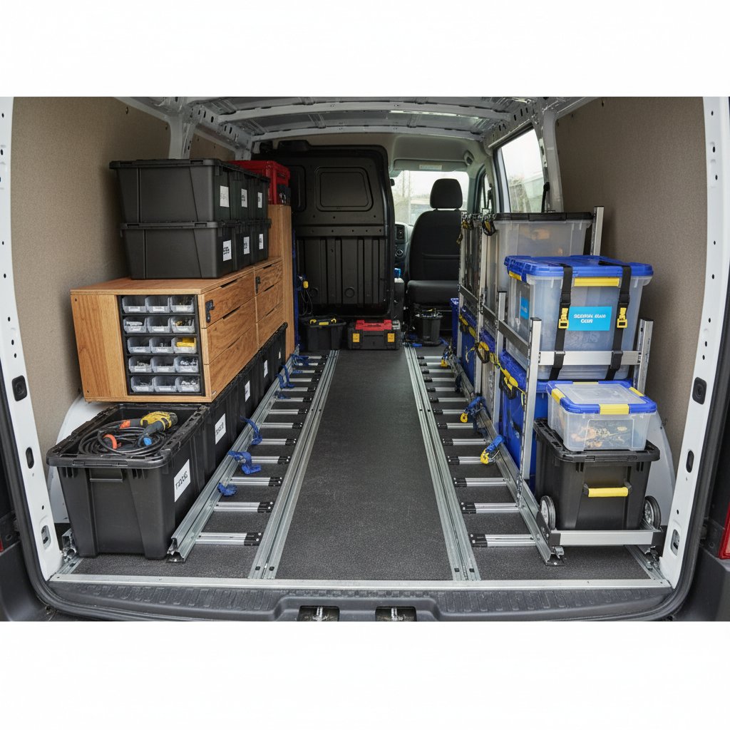 Photo comparing modular and fixed cargo floor setups, with accessories and storage bins