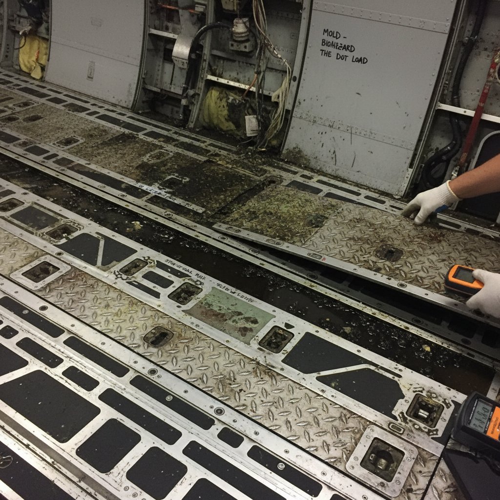 Photo of cargo floor warped and stained, with visible mold and spilled food, illustrating maintenance risks