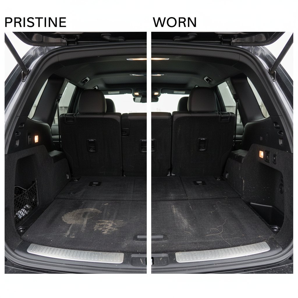 Close-up photo of modern SUV cargo floor, one side pristine, the other worn and dirty, urban background, showing cargo space quality contrast