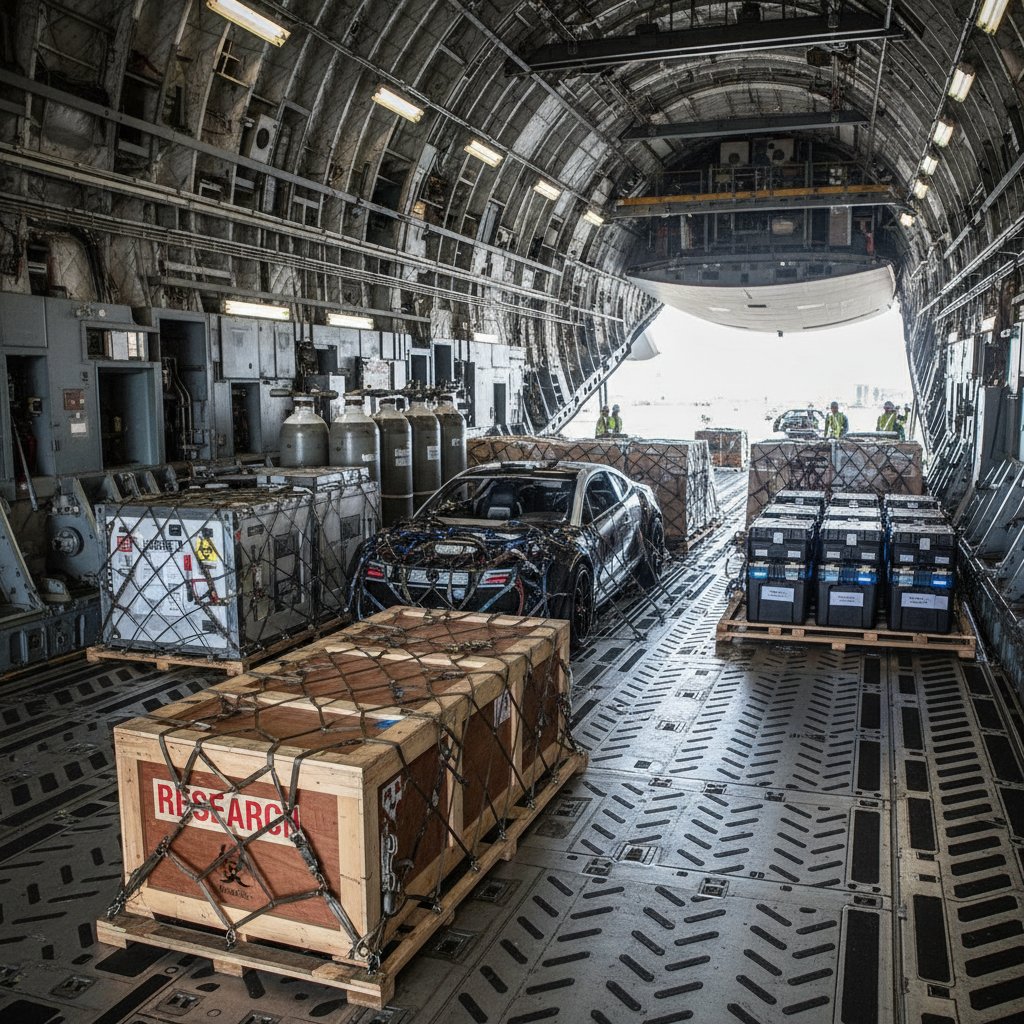 Interior view of cargo plane loaded with diverse special cargo shipments