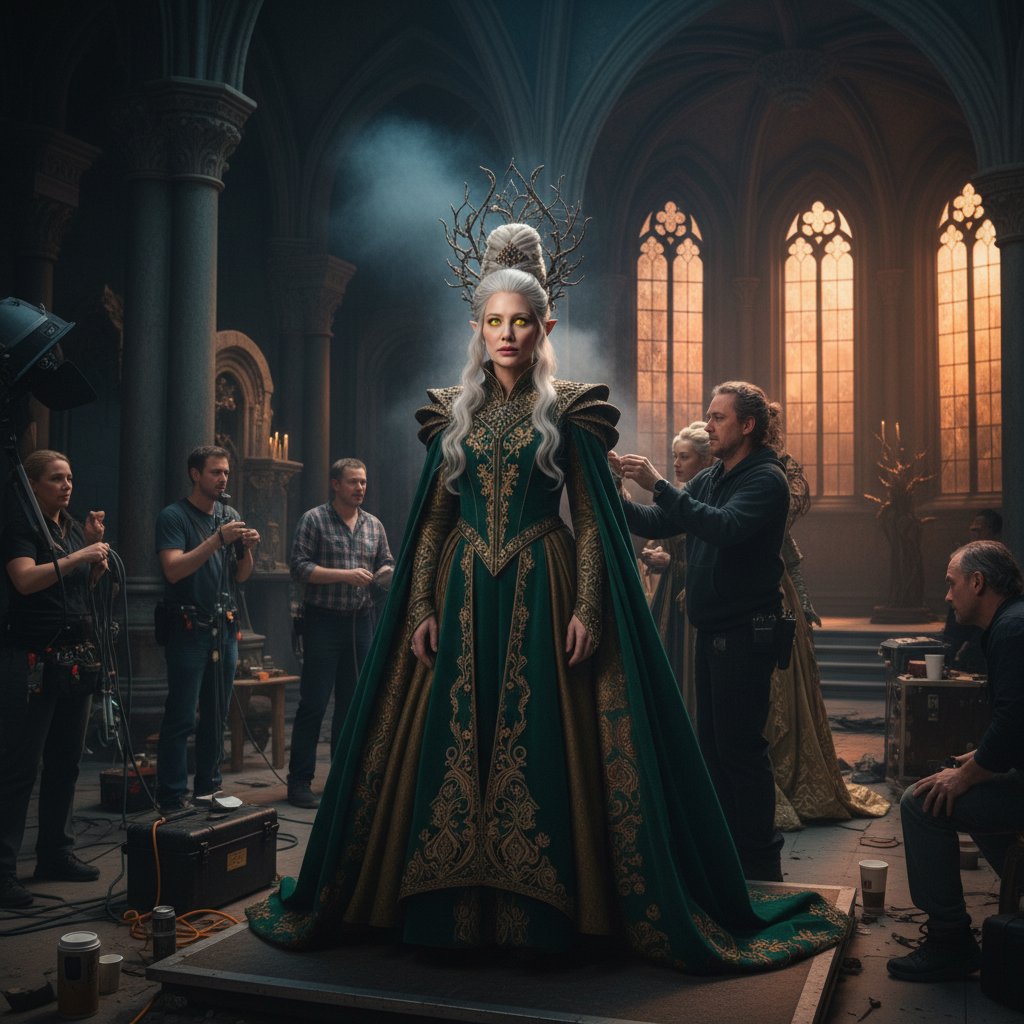 Behind-the-scenes photo of Cate Blanchett in full costume, dramatic transformation, studio set