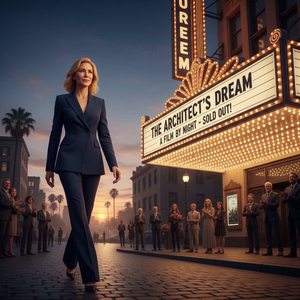 Cate Blanchett walking toward a movie theater marquee with her name in lights, dusk, hopeful and powerful mood