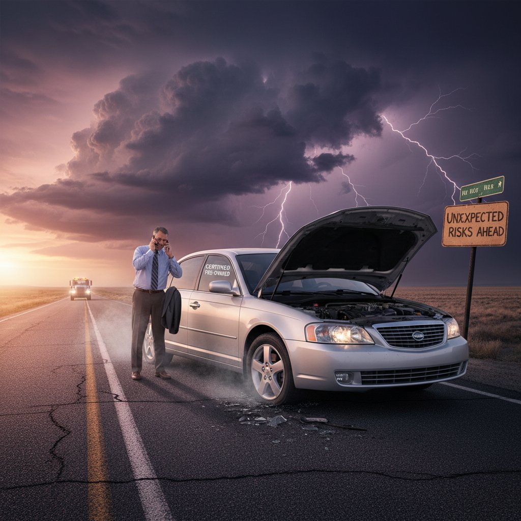 Certified pre-owned car stranded on roadside, symbolizing unexpected risks