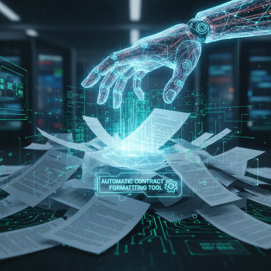 Chaotic paper contracts morphing into digital order, AI hand controlling the transformation