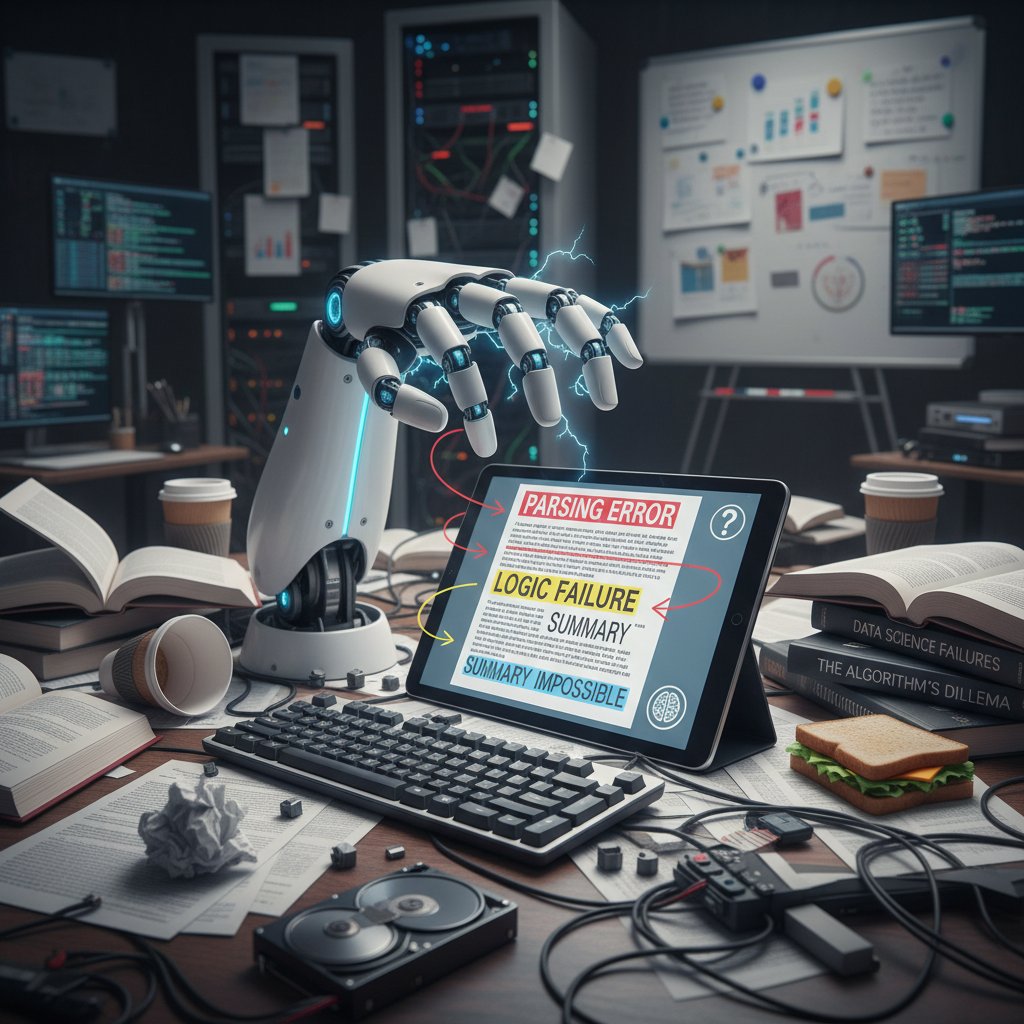 Chaotic desk with AI highlighting errors, representing document summarizer for error reduction