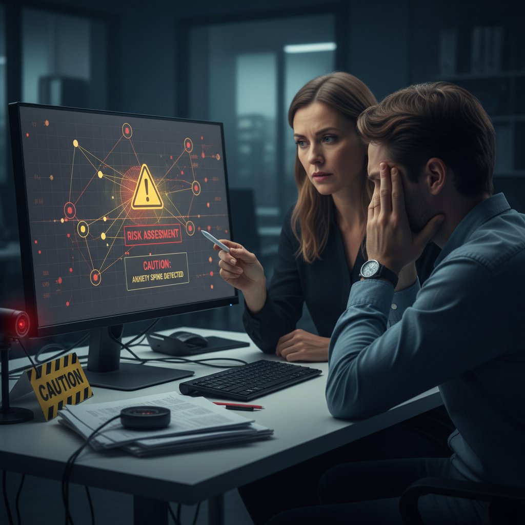 Zbliżenie na ekran komputera, gdzie widać czat z psychologiem, atmosfera niepewności i ostrożności