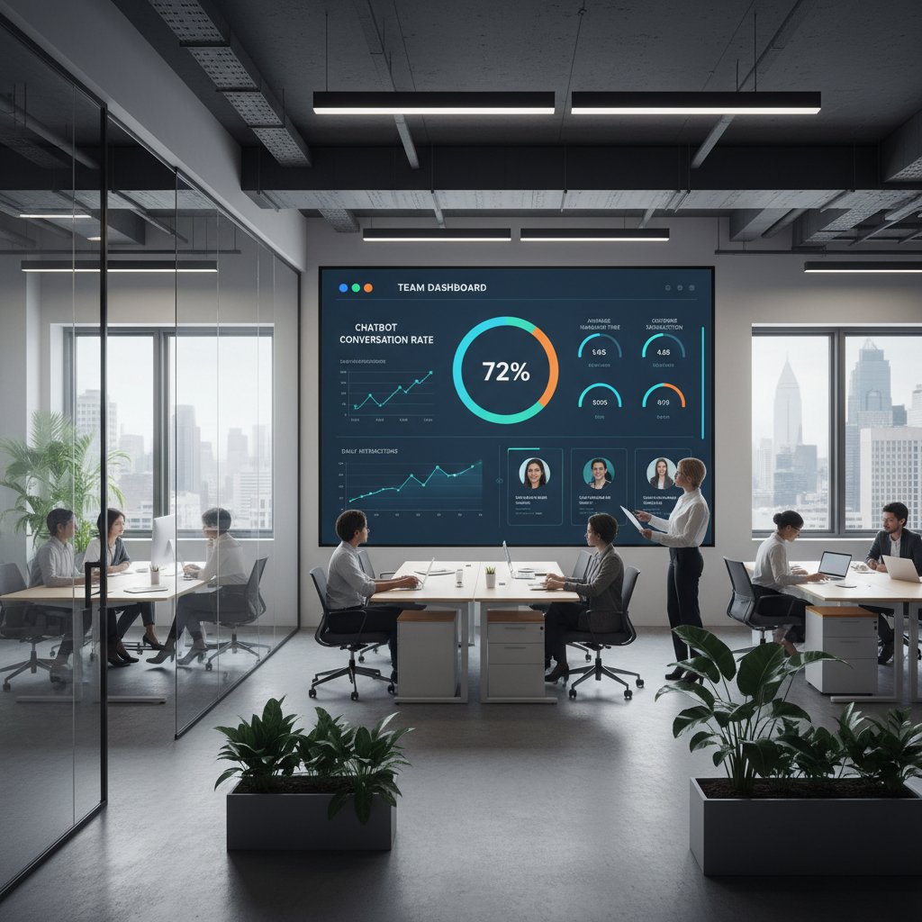 Team debating chatbot KPIs and analytics dashboard in modern office, chatbot conversation rate metrics