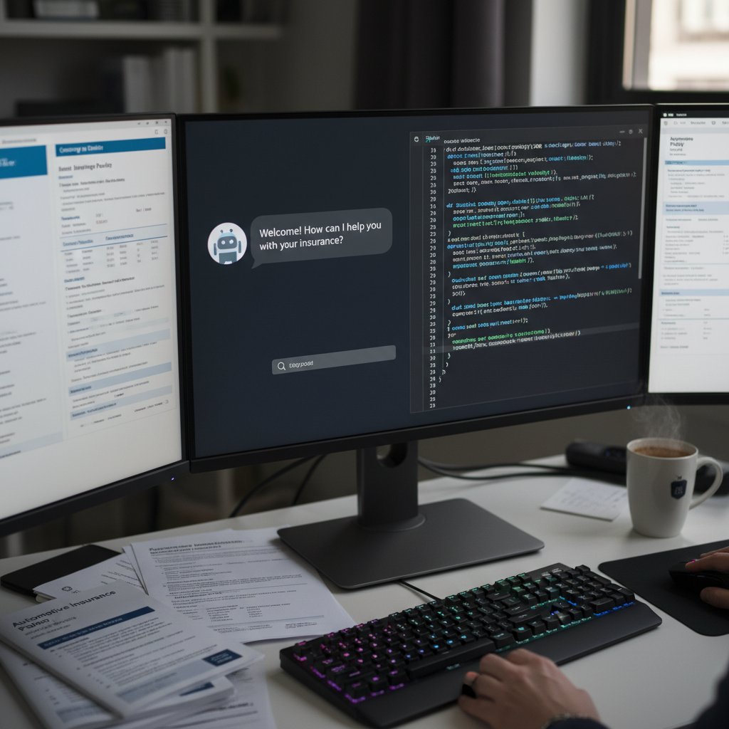 Close-up of code and chatbot interface on dual screens, insurance documents in foreground