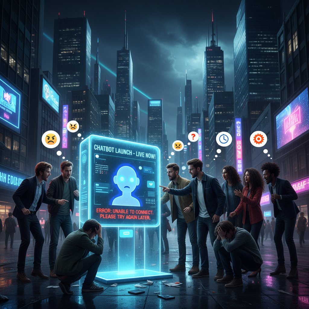 Photo-realistic depiction of a chatbot launch event gone wrong with frustrated users at night in an urban environment, AI chatbot user testing