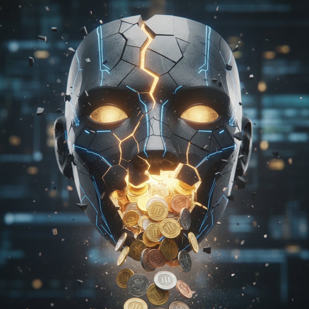 Chatbot mask cracking open, exposing hidden coins