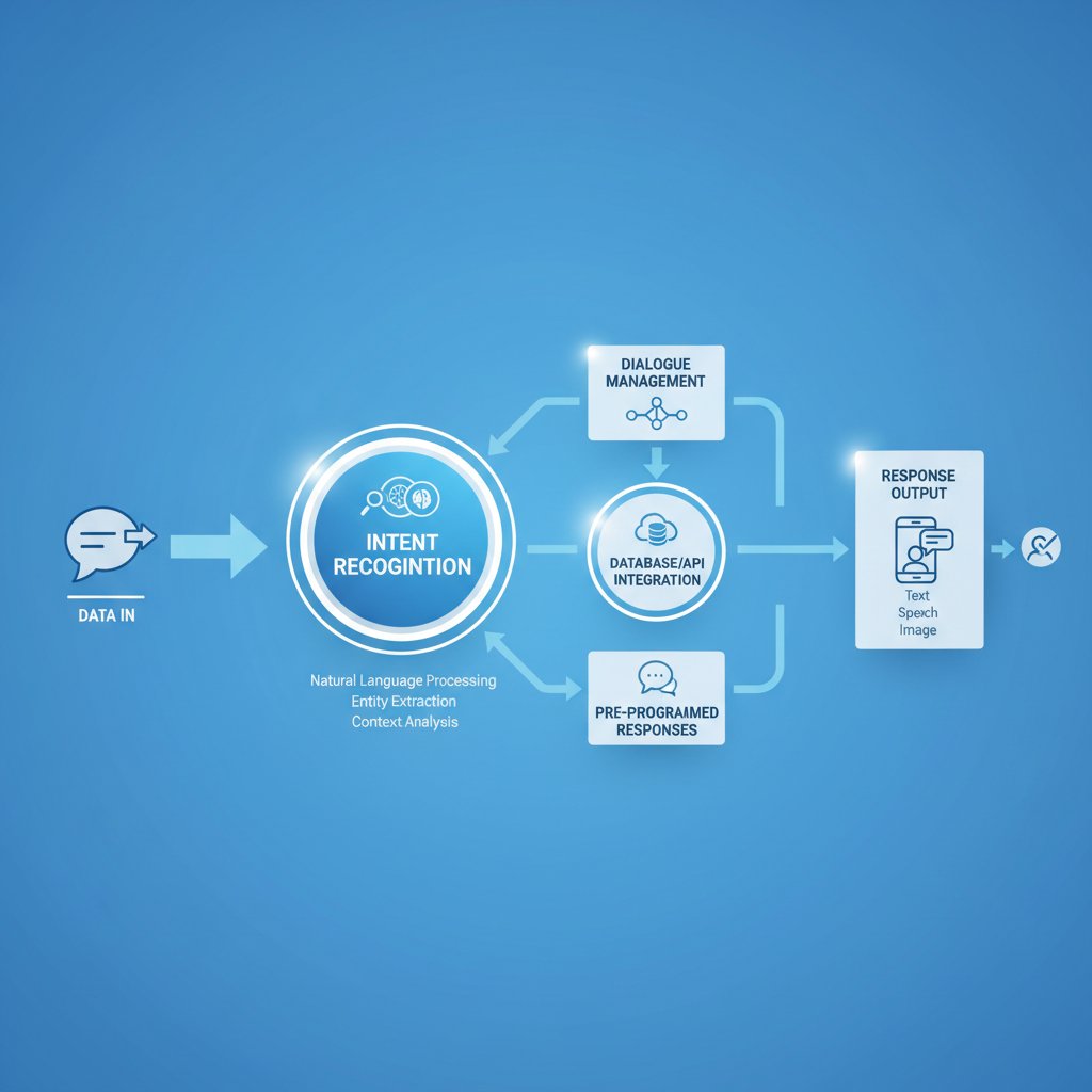 A clear diagram photo showing the workflow of a chatbot: data input, intent recognition, response output, AI chatbot for financial advisors